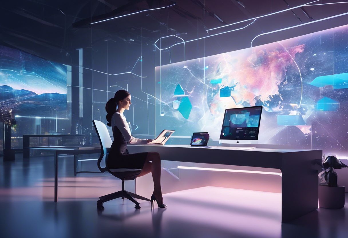 A woman in a modern office interacts with futuristic holographic displays, emphasizing her engagement with technology.