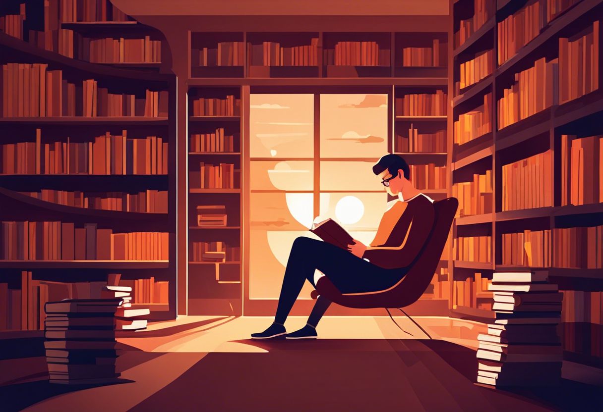 A person is reading a book in a cozy library surrounded by shelves of books and comfortable seating.