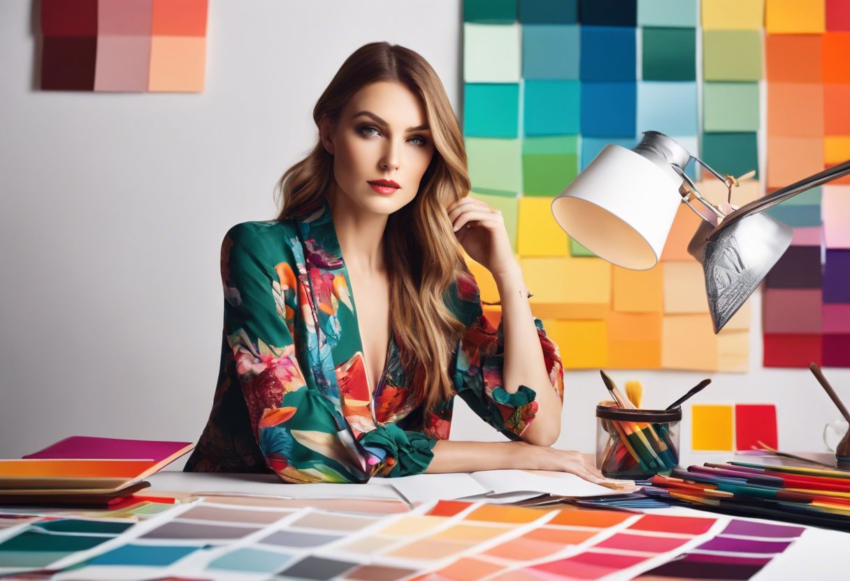 A fashion designer is immersed in their vibrant studio, surrounded by color swatches, showcasing their intense passion for their craft.