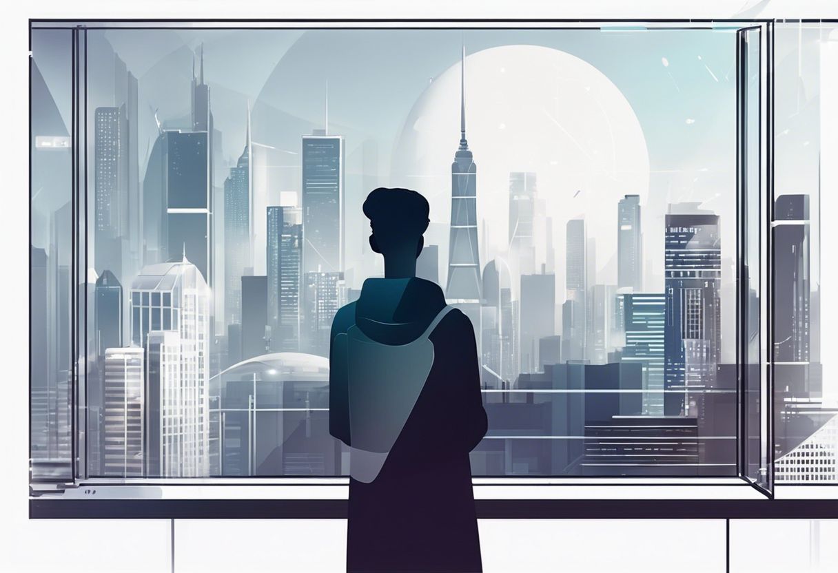 A person engages with a chatbot on a modern website interface with a city skyline visible through the window.