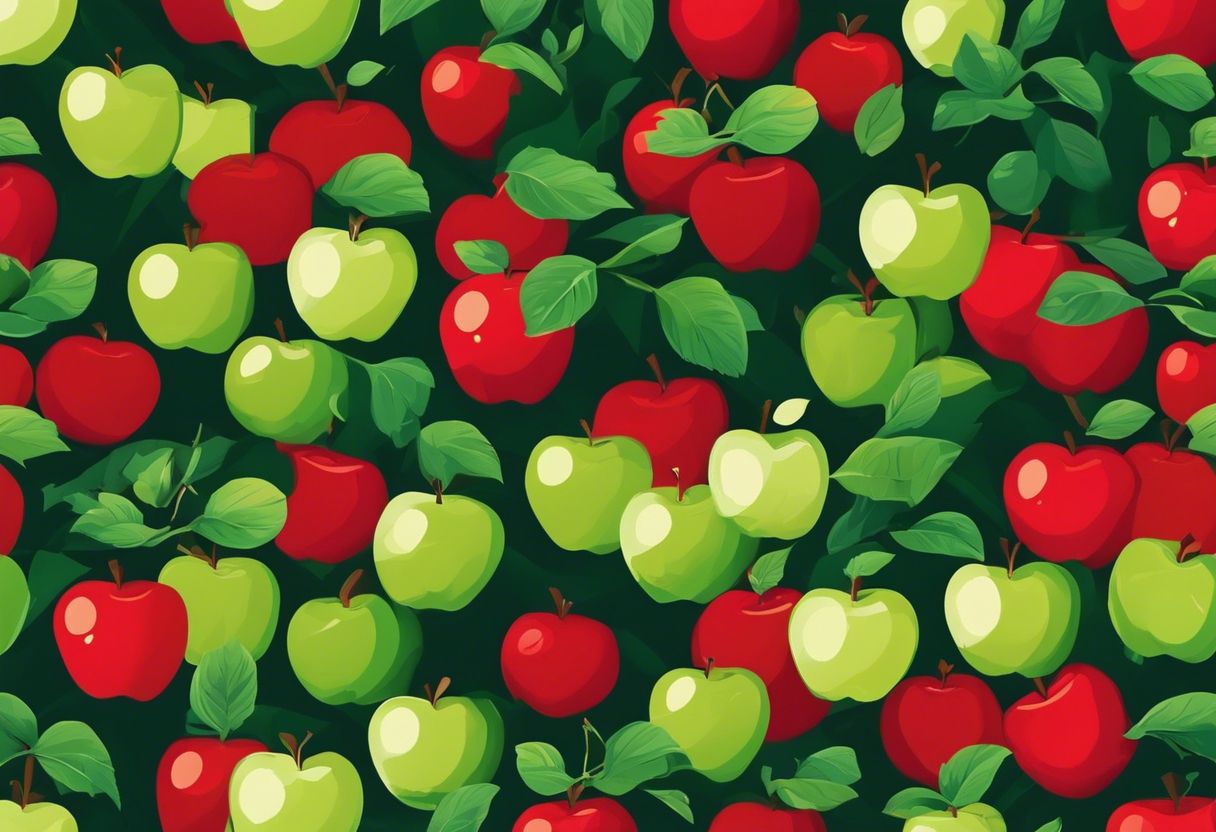 A bright red apple stands out among a field of green apples in lush foliage.