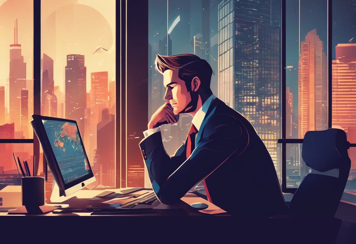 A stressed businessman in an office environment facing computer error messages and cityscape view.