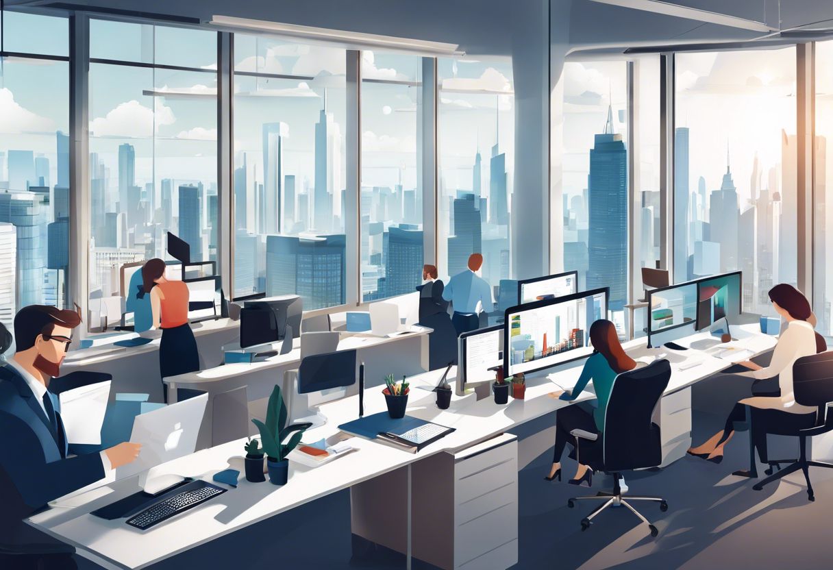 A diverse team of professionals working together in a modern office with a cityscape view.