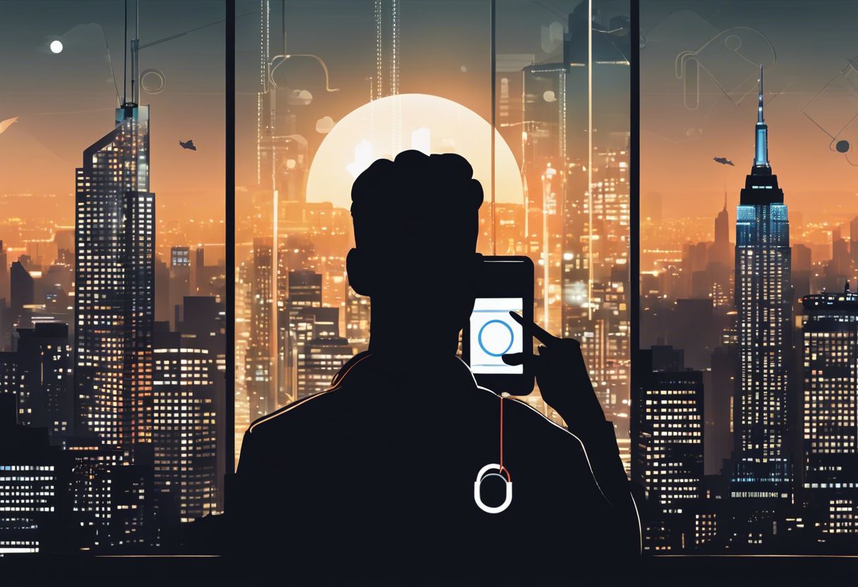 A silhouette of a person checking their phone with a secure padlock icon, against a cityscape backdrop.