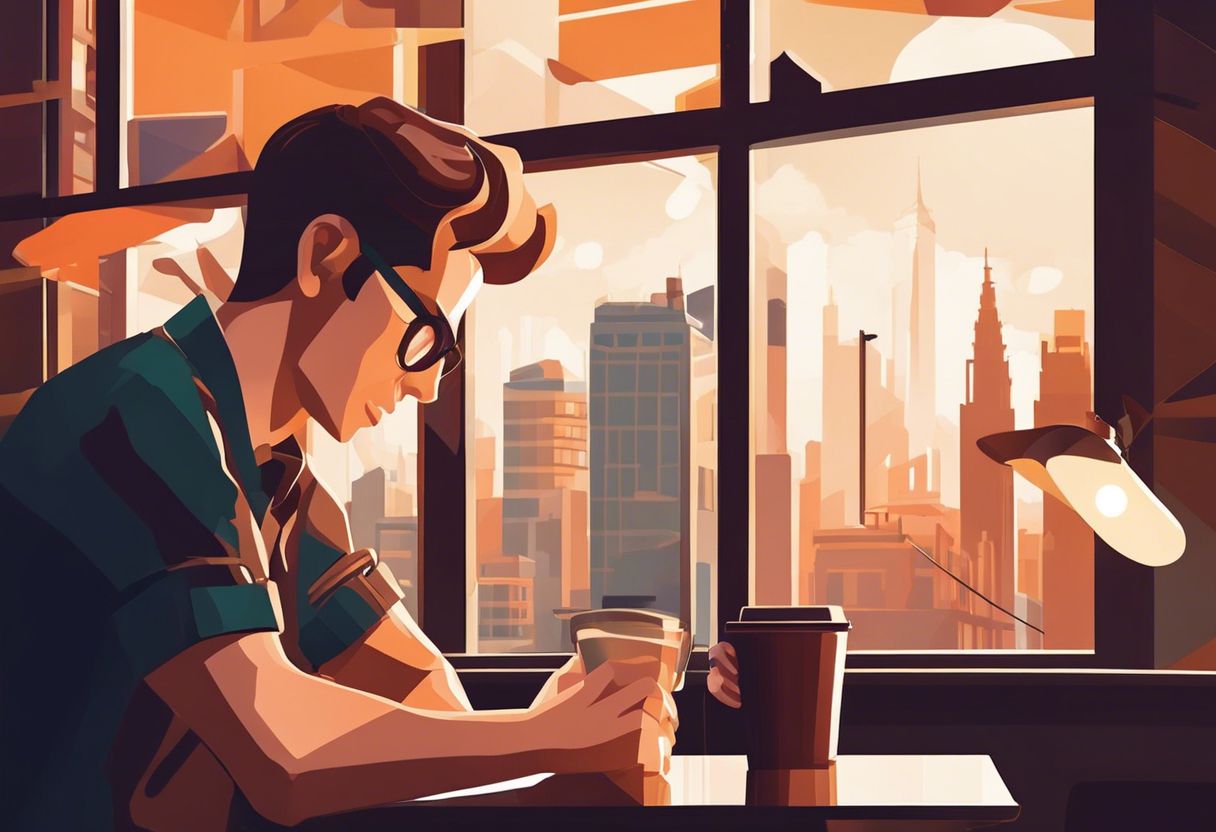 A person checking their watch in a cozy coffee shop with a cityscape view.