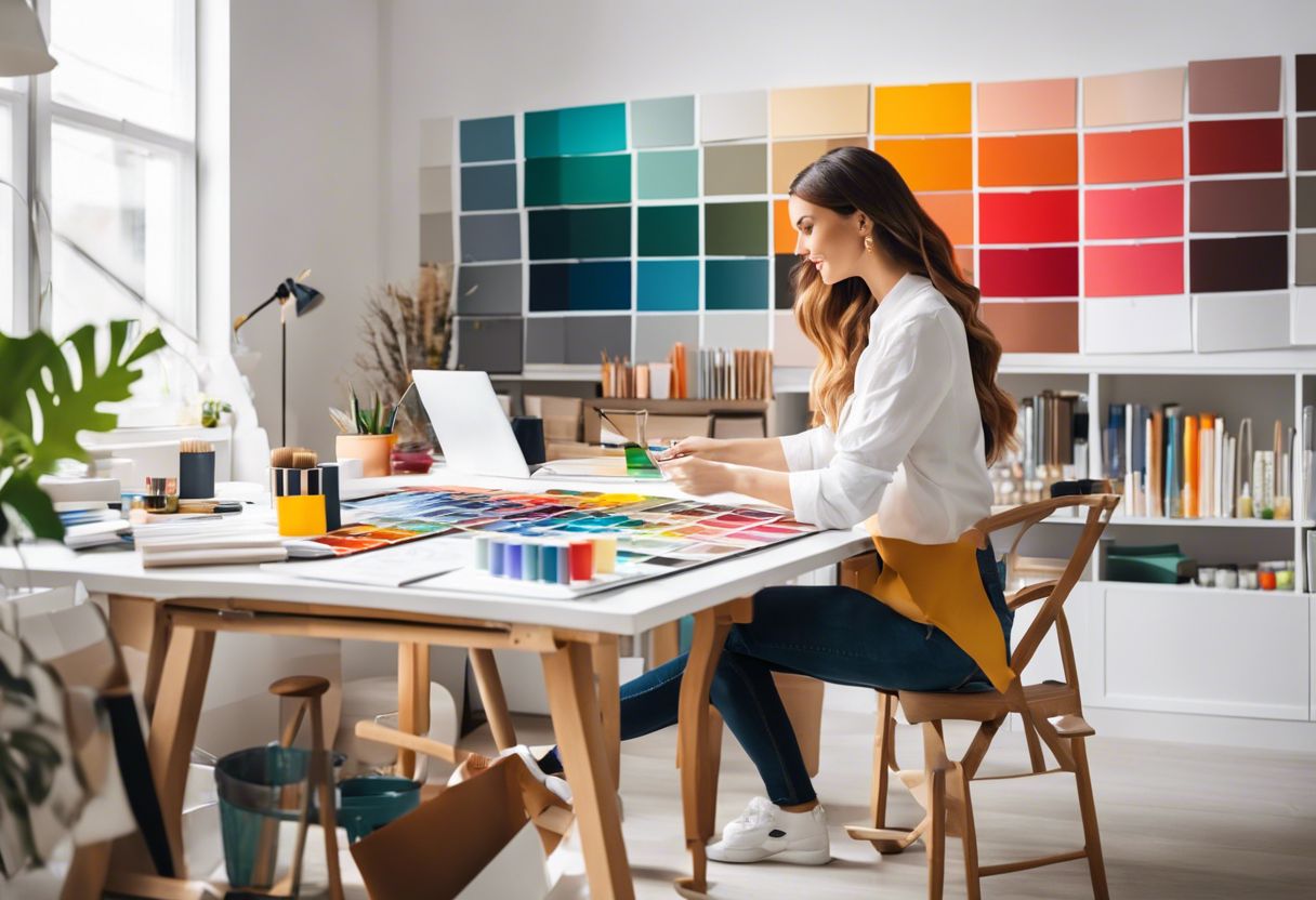 A designer surrounded by vibrant color swatches and paint samples in an Interior Design Studio.