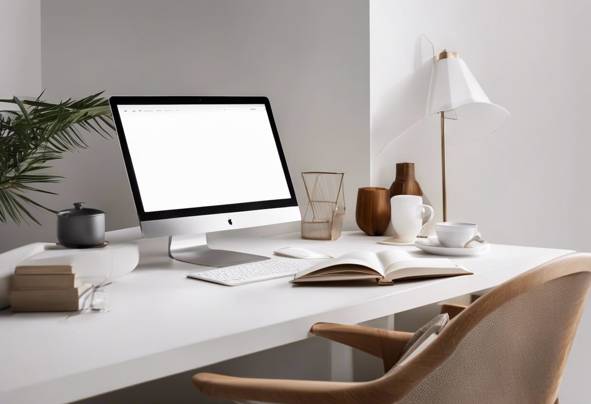 A display of elegant font pairings on a sleek, minimalist desk in a flat design style.