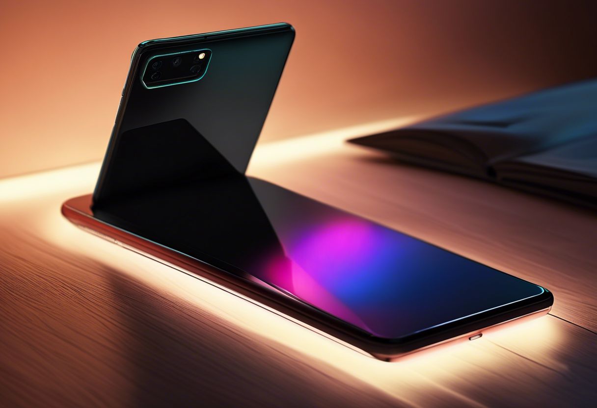 A sleek smartphone with a lit-up screen on a table in a dimly lit room.