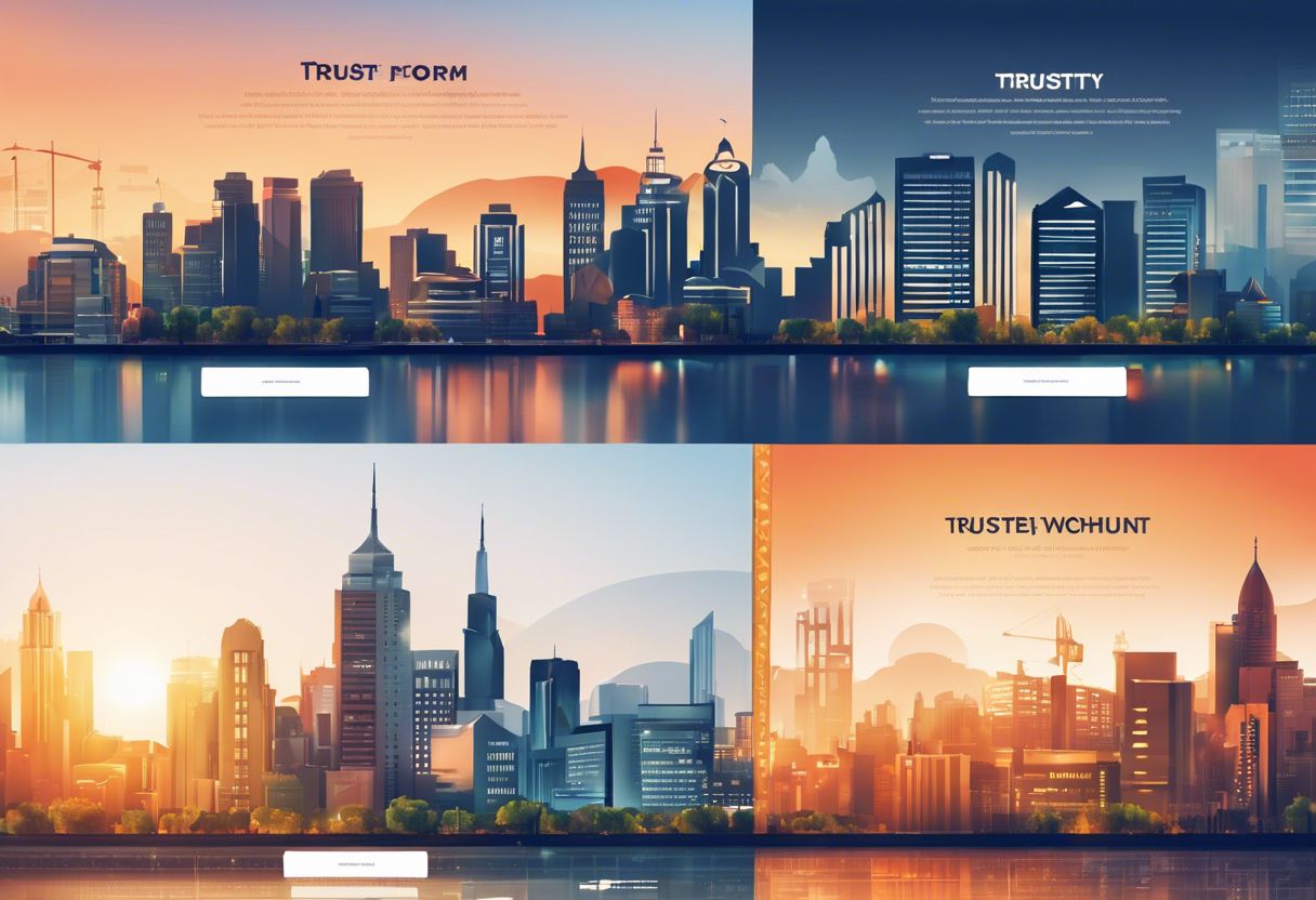 A website homepage displaying trust badges and security certificates against a cityscape sunset backdrop.