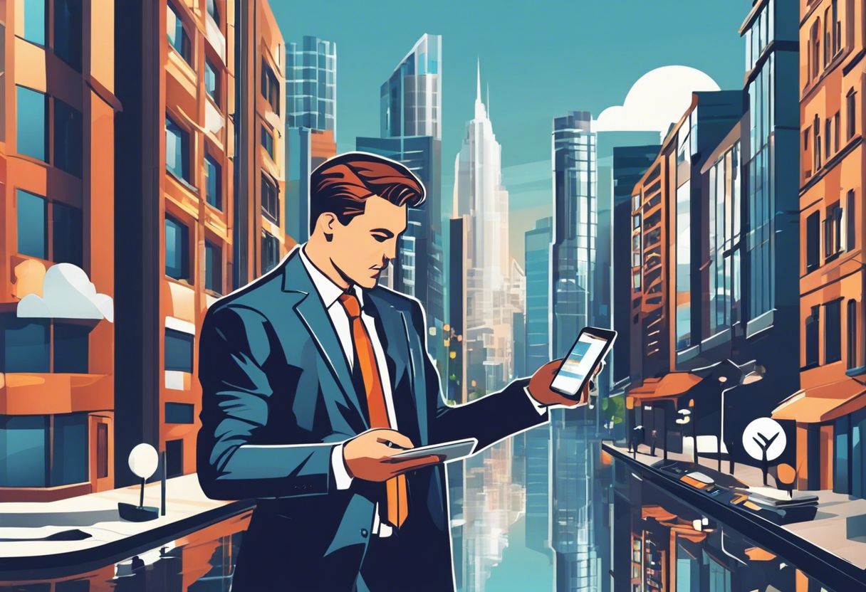 A businessman interacts with technology in an urban environment, with cityscape reflected on the device screen.