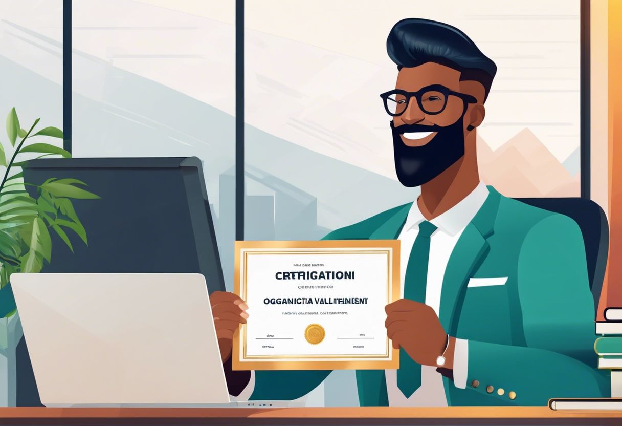 A business owner proudly holds an Organization Validated (OV) SSL certificate in a modern office setting.