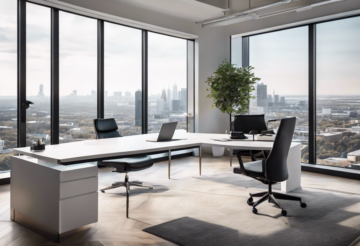 A modern office with sleek furniture and cityscape photography, creating a vibrant and dynamic atmosphere.