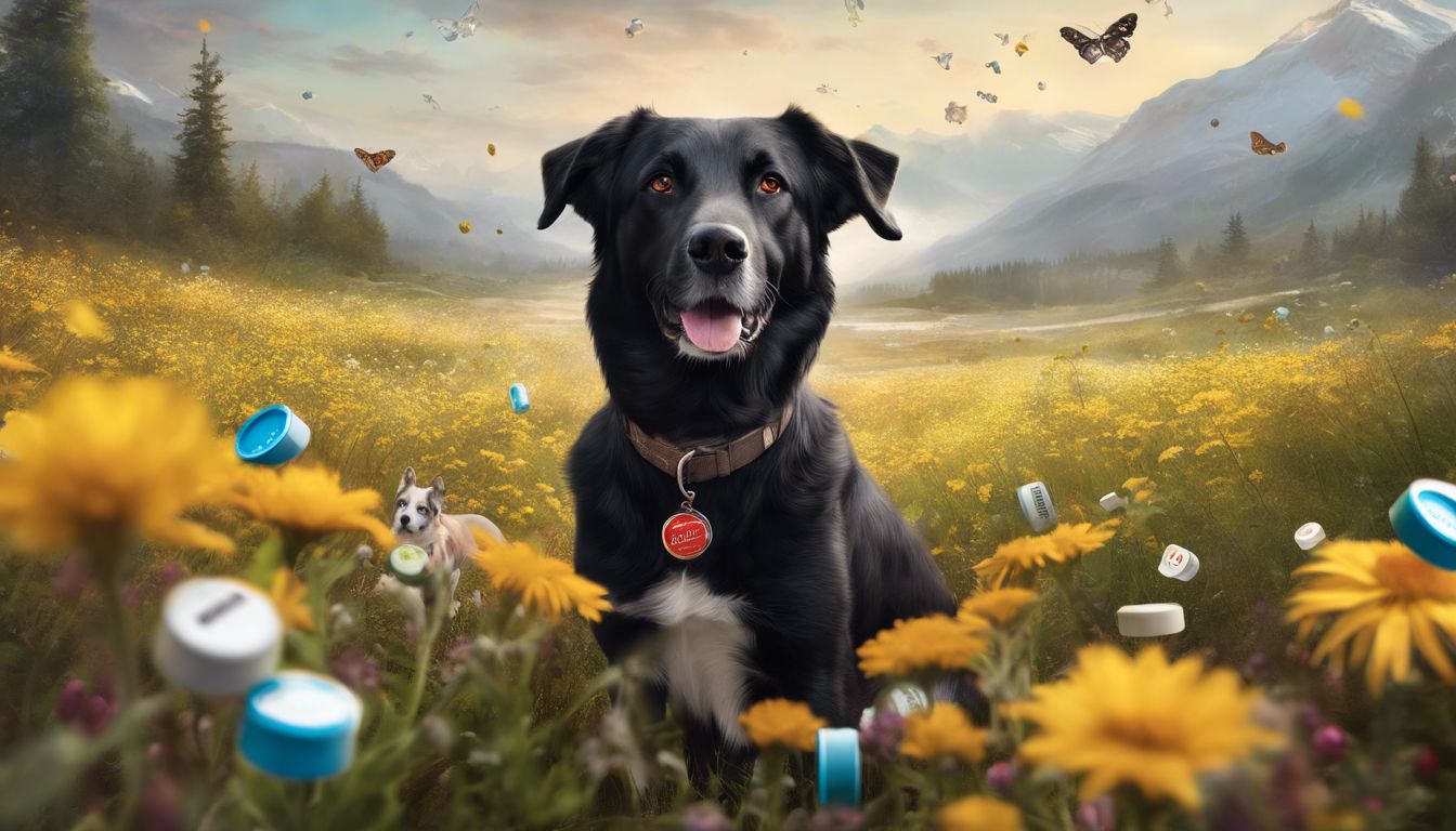A dog taking Apoquel in a field of flowers with caution signs and pills scattered around.
