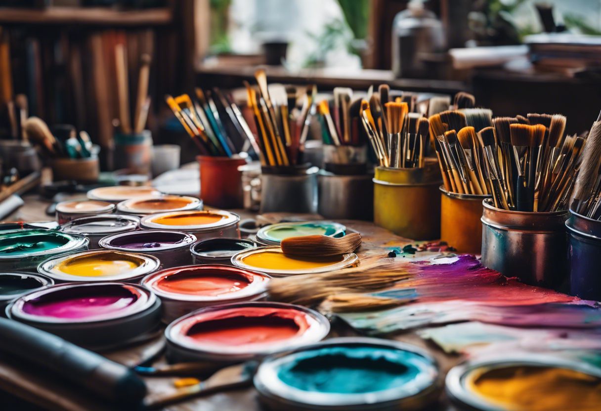 An artist's workspace with colorful paintbrushes and tubes of paint, capturing creativity and inspiration.