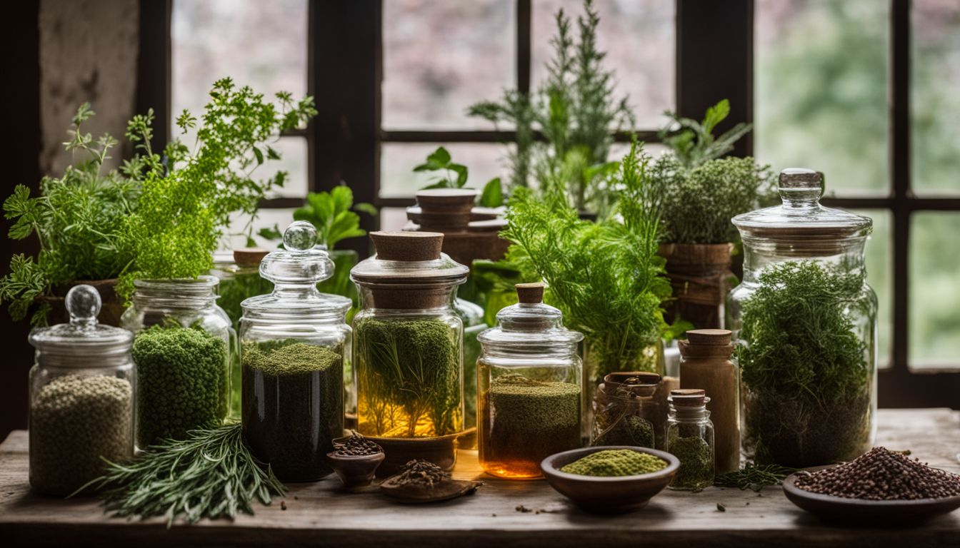 The image shows a variety of herbs and plants in a traditional apothecary setting.