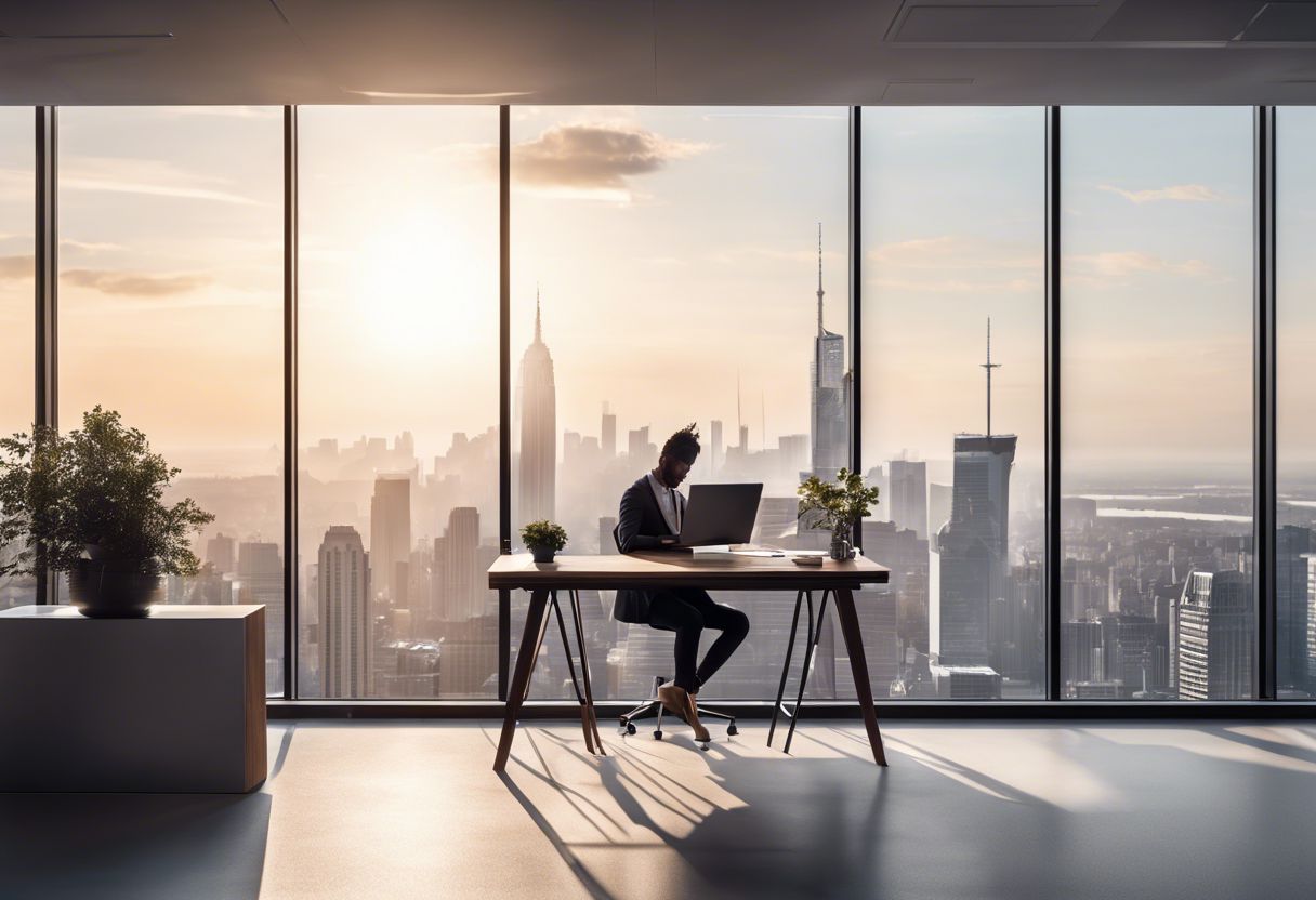 A person working on a laptop in a modern office with city views and minimalist decor.
