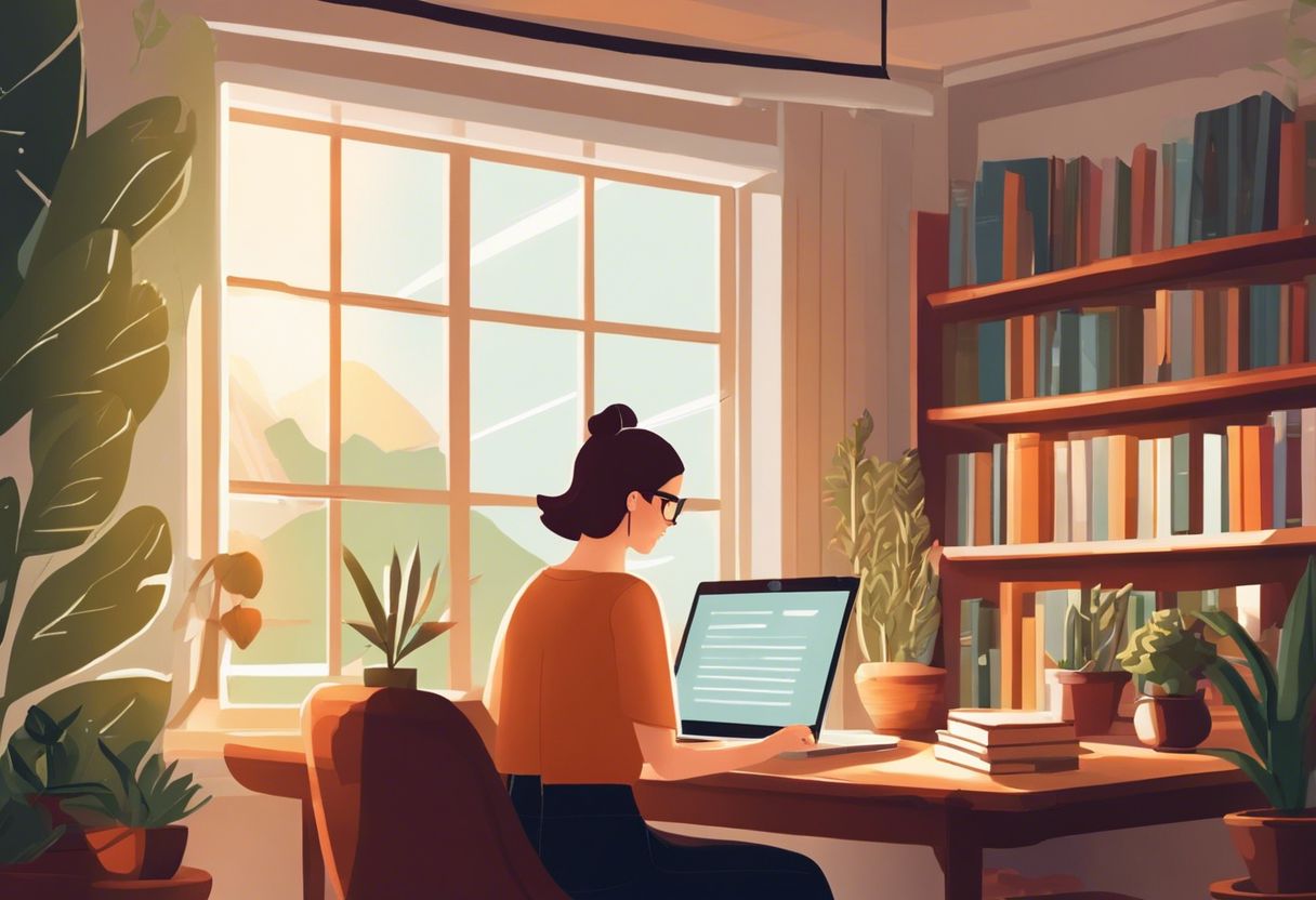 A person using a laptop in a cozy room with books and plants.