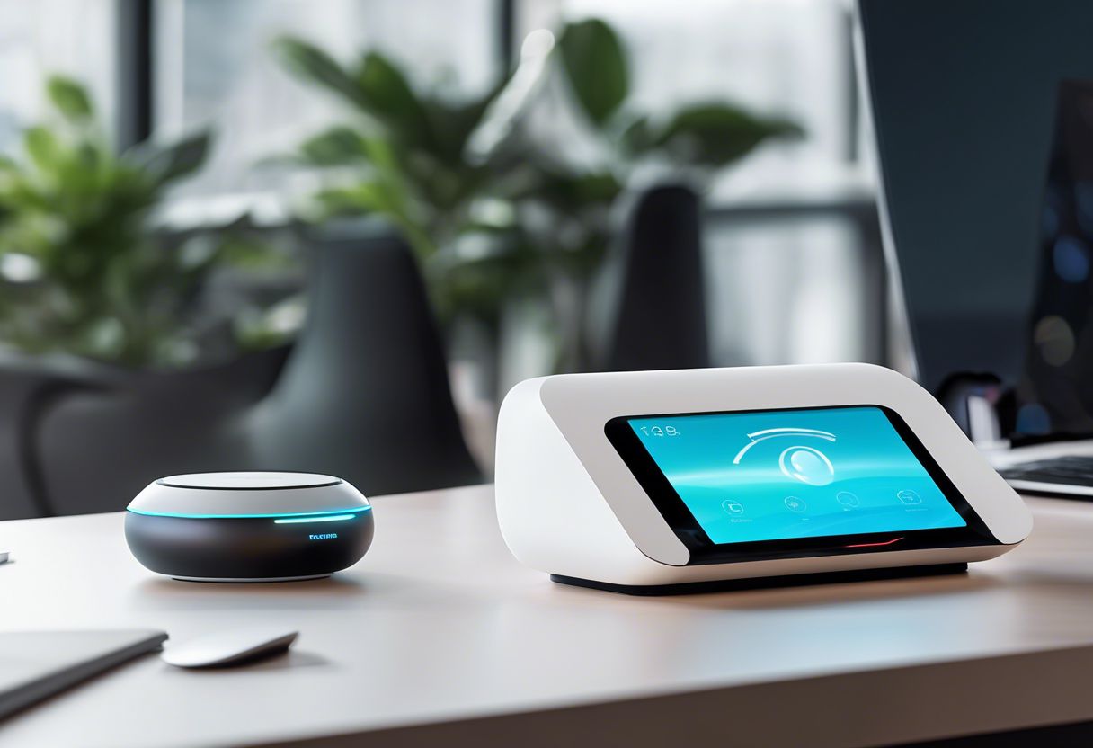 A modern voice assistant device on a sleek desk in a futuristic office setting showcasing advanced technology.