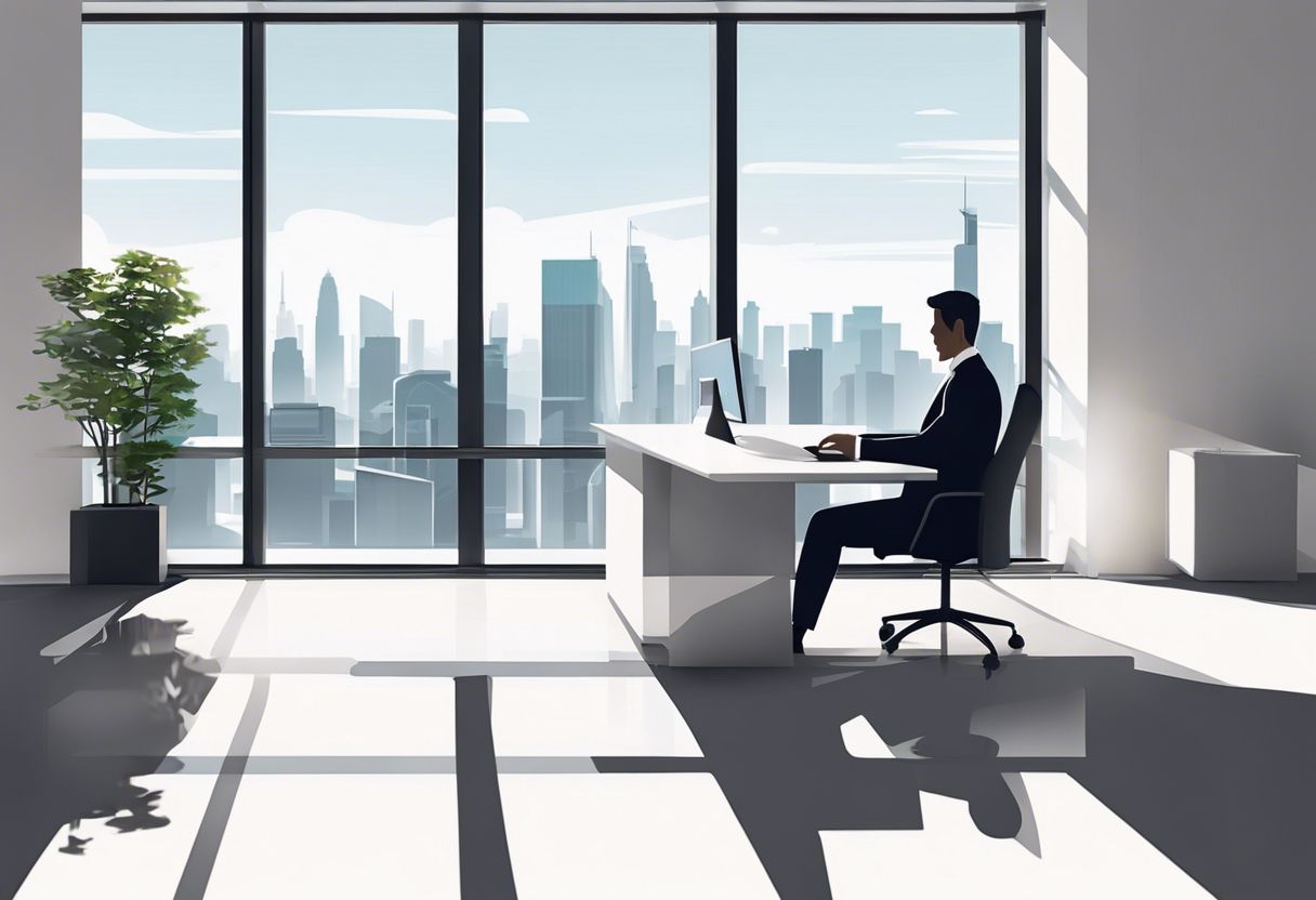 A business owner works on a laptop in a modern office with a city view, conveying determination and focus.