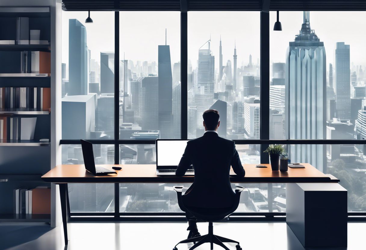 A person using a laptop in a modern office with city skyline view.