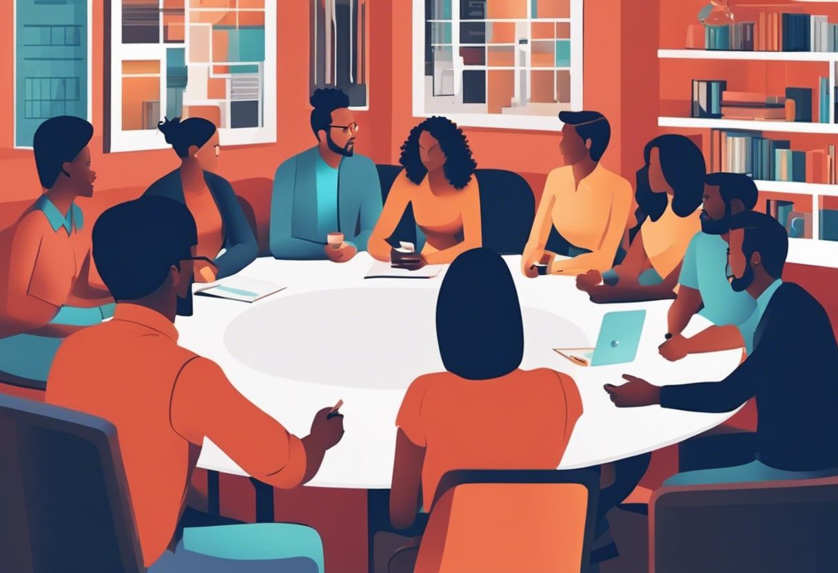 A diverse group of people engage in a focus group discussion in a city setting.