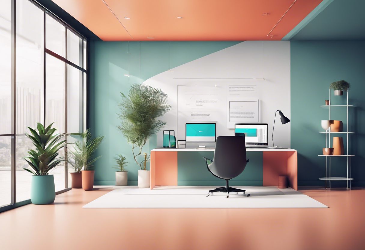 The image features a minimalist flat design web layout in a modern office setting.
