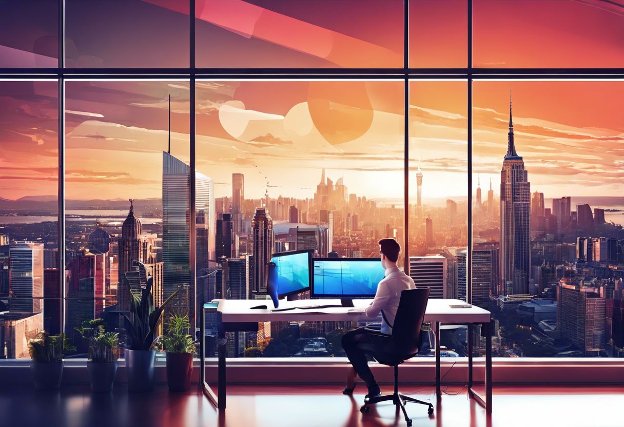 A web developer coding in a modern office with a cityscape view, capturing intense concentration and creativity.