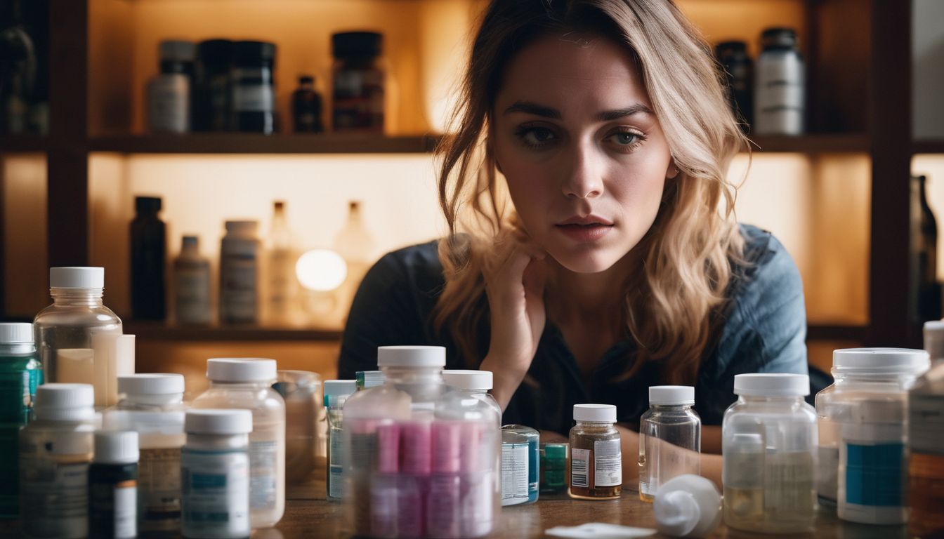 A stressed person holding clumps of hair in their hands surrounded by medication bottles.