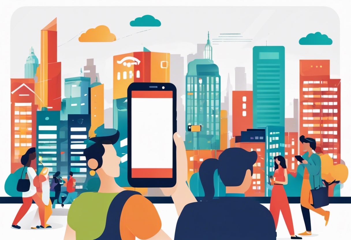 A person using a smartphone in a diverse cityscape with people interacting.