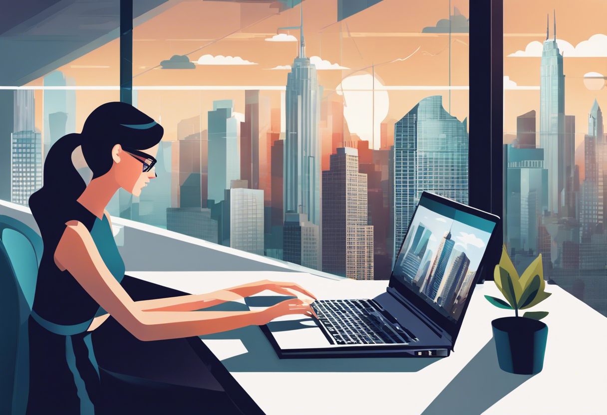A woman is focused on typing on her laptop in a modern office with a cityscape visible through the window.