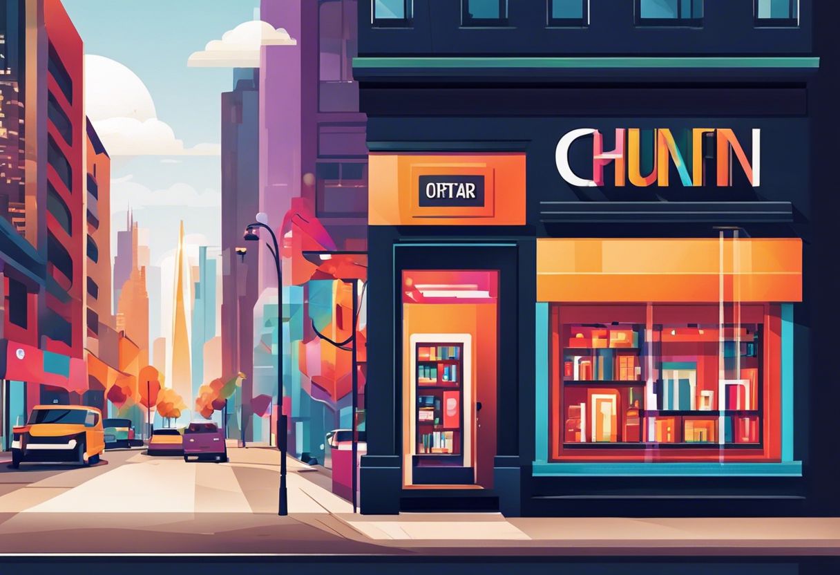 A flat design storefront with customized typography and a city skyline background in vibrant colors.