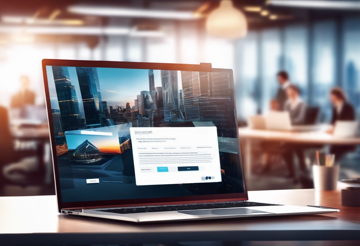 A flat design laptop with popup offers on a desk in a bustling office.