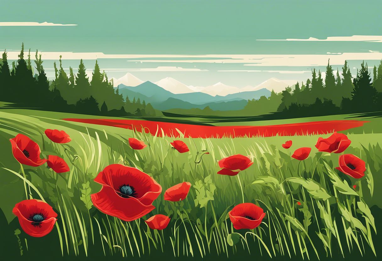 A single red poppy stands out in a field of green grass with vibrant color contrast.