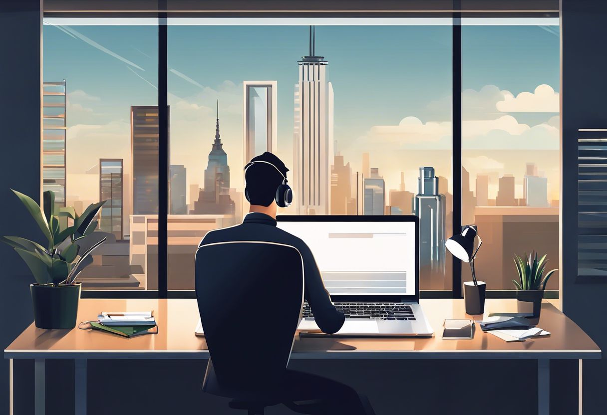 A modern web developer coding on a laptop in a clean, minimalist office space with a city skyline in the background.