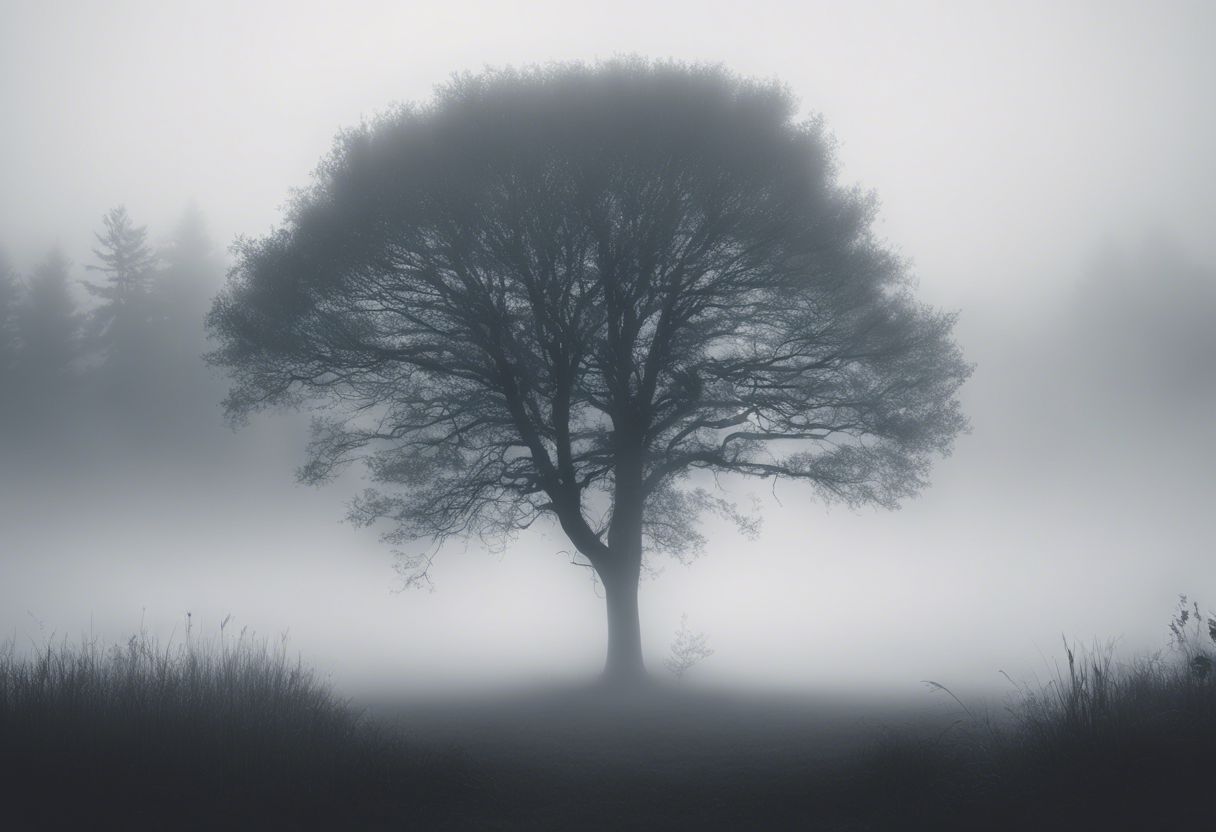 A single tree in a misty forest surrounded by dense fog, creating an eerie atmosphere.