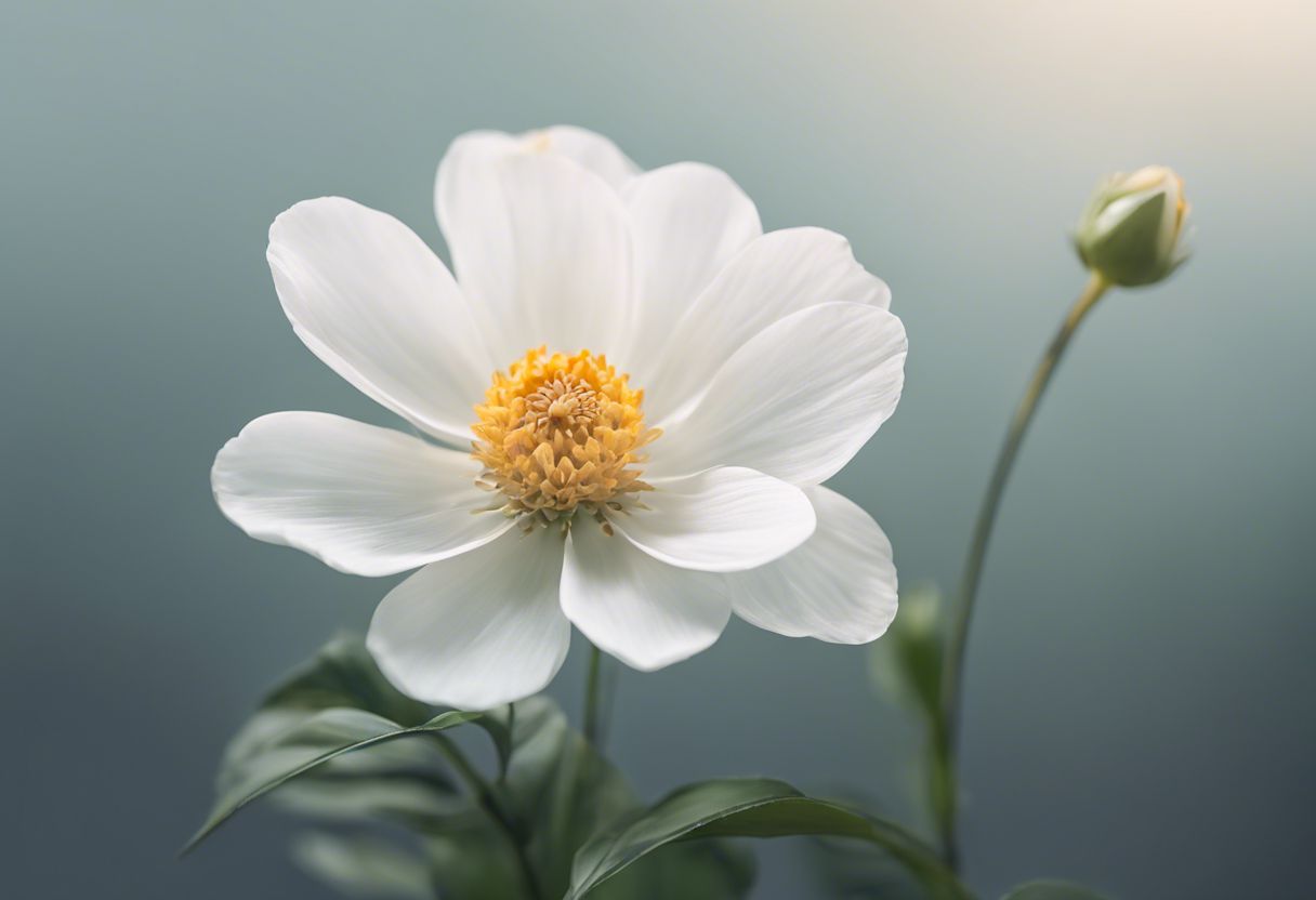 A single white flower with delicate petals in a minimalistic background.