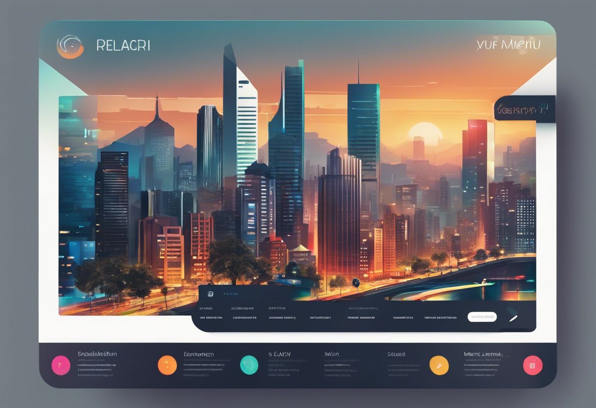 A close-up of a stylish vertical sidebar navigation menu on a modern website with a cityscape photography backdrop.