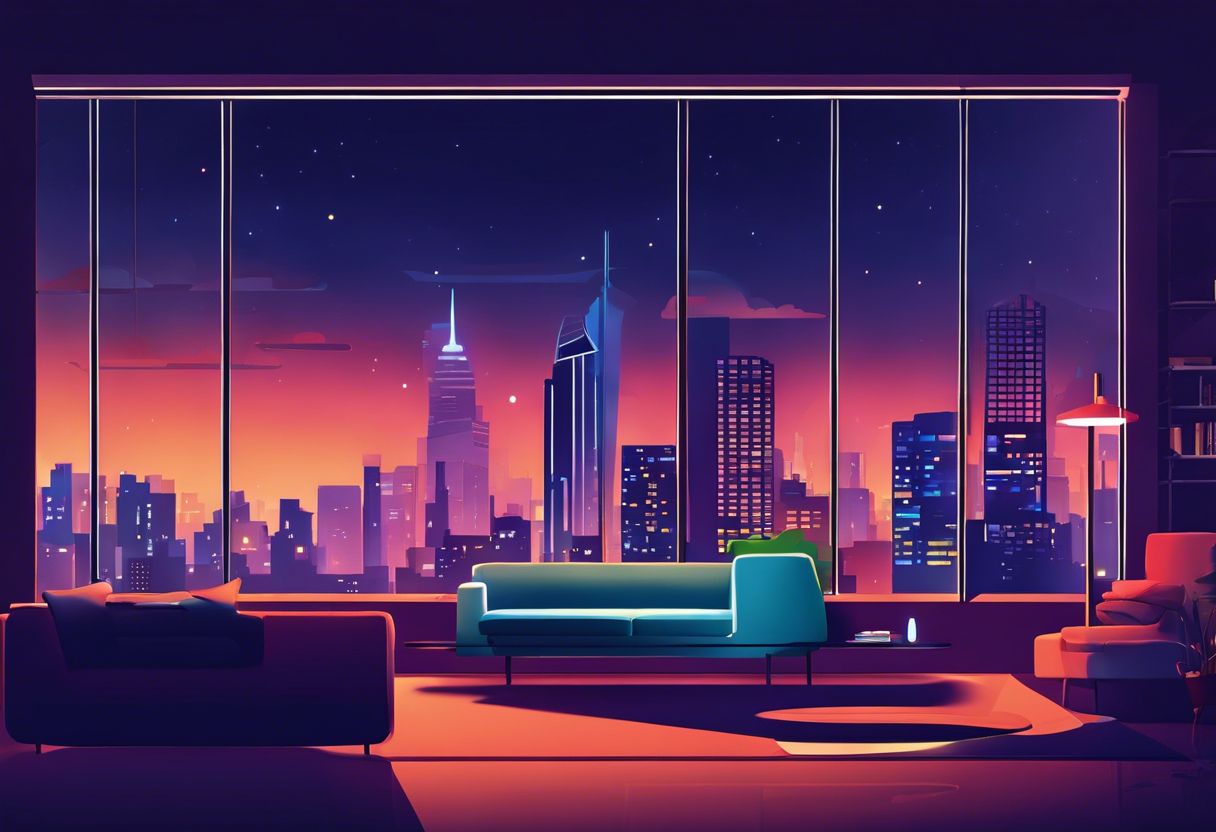 A person is engrossed in watching a captivating video on a modern living room couch with a cityscape in the background.