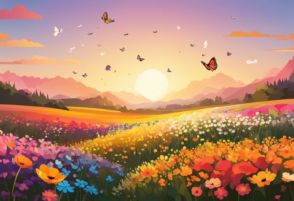 A colorful flower field with butterflies in a peaceful setting.