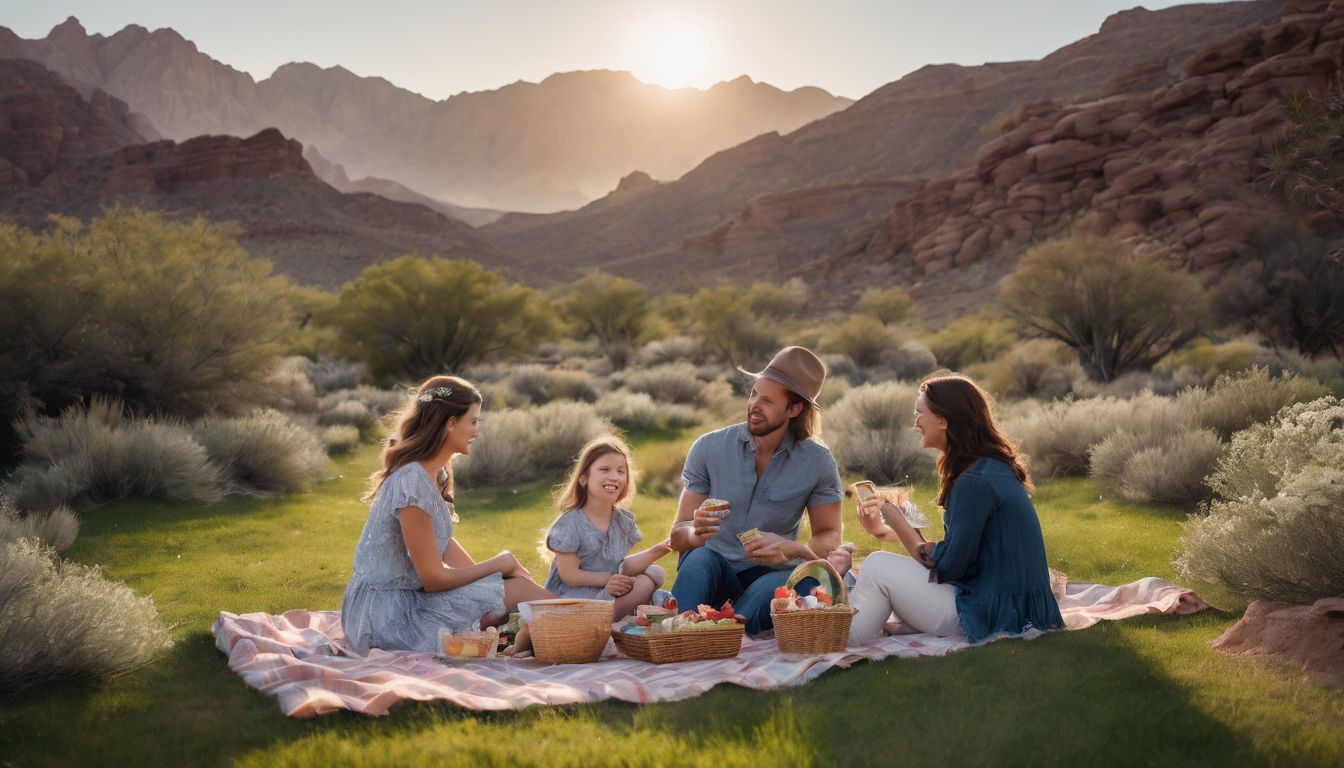 A family enjoying a picnic in a blooming desert garden.