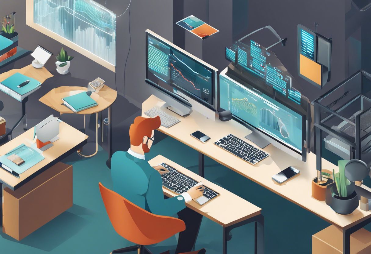 An IT professional analyzes data on multiple interconnected devices in a bustling office space.