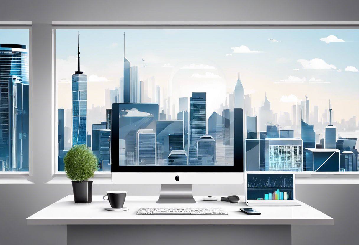 A modern website layout with digital devices on a clean desk and city skyline visible through a window.