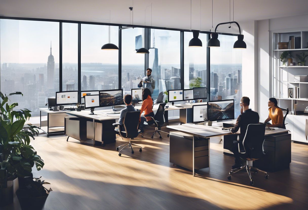A team of web developers collaborating in a modern office with a cityscape view.