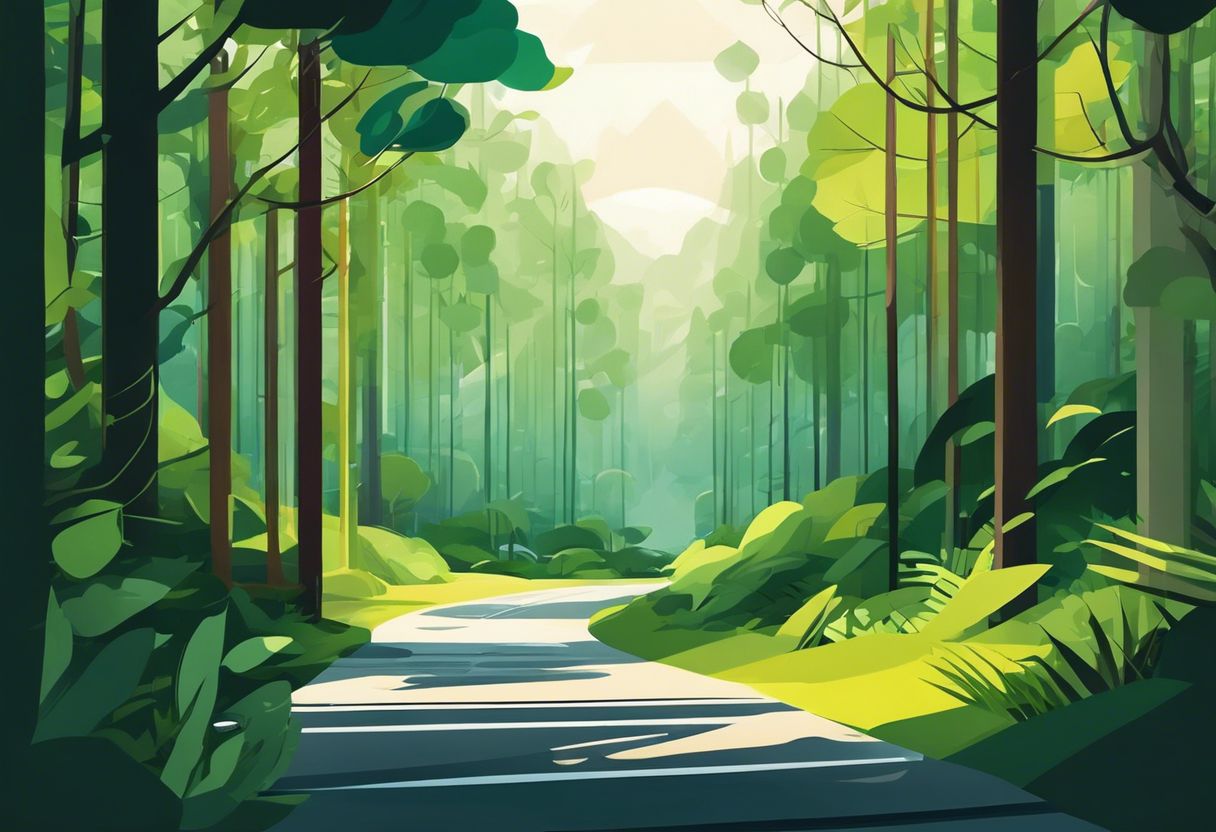 A winding road through a lush forest, highlighting the vibrant greenery and diverse flora, creating a sense of tranquility and harmony with nature.