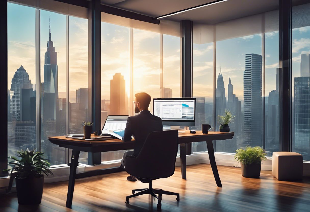 A business owner focused on work in a modern office with an urban city view.