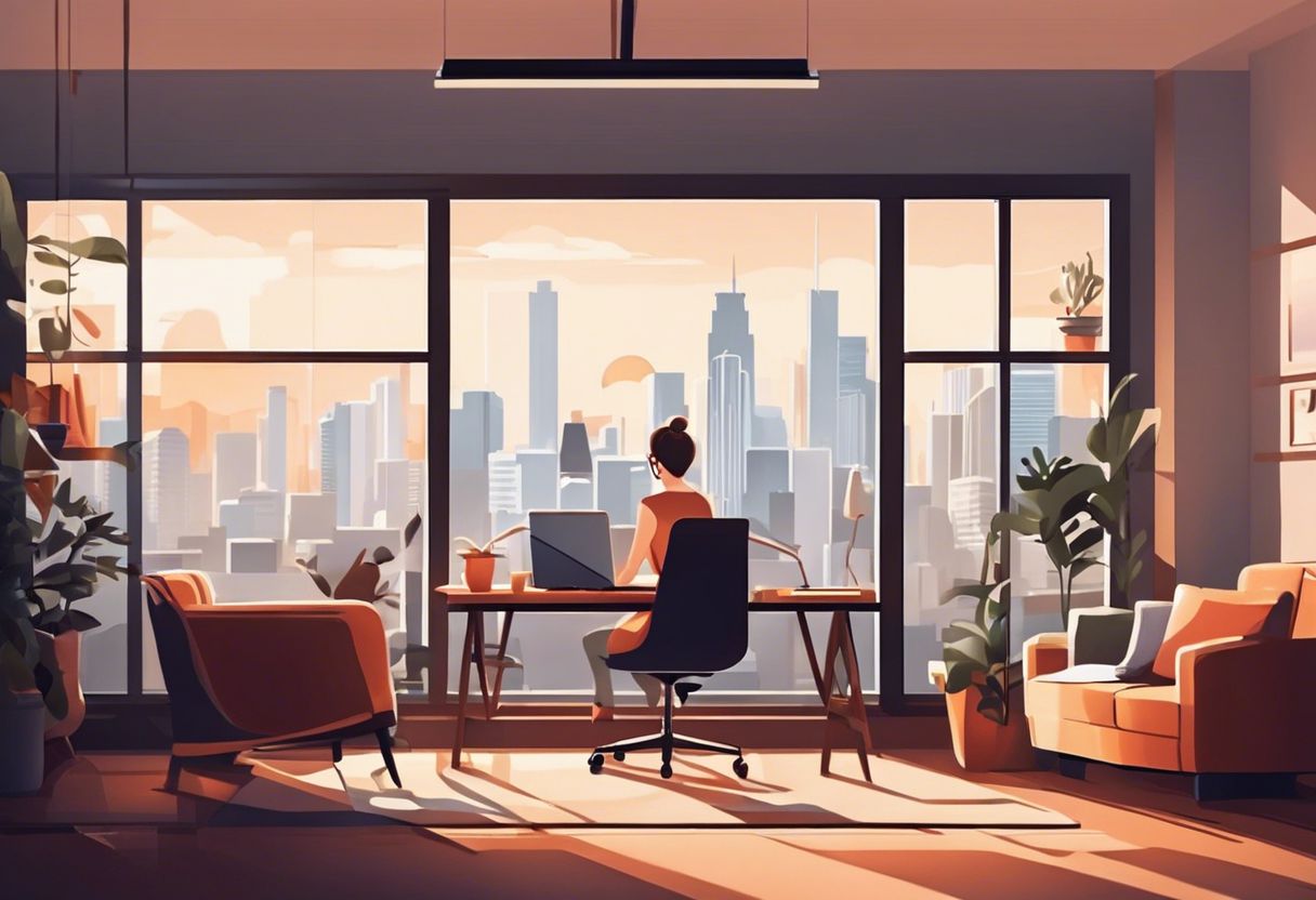 A person working on a laptop in a cozy home office with a cityscape view.