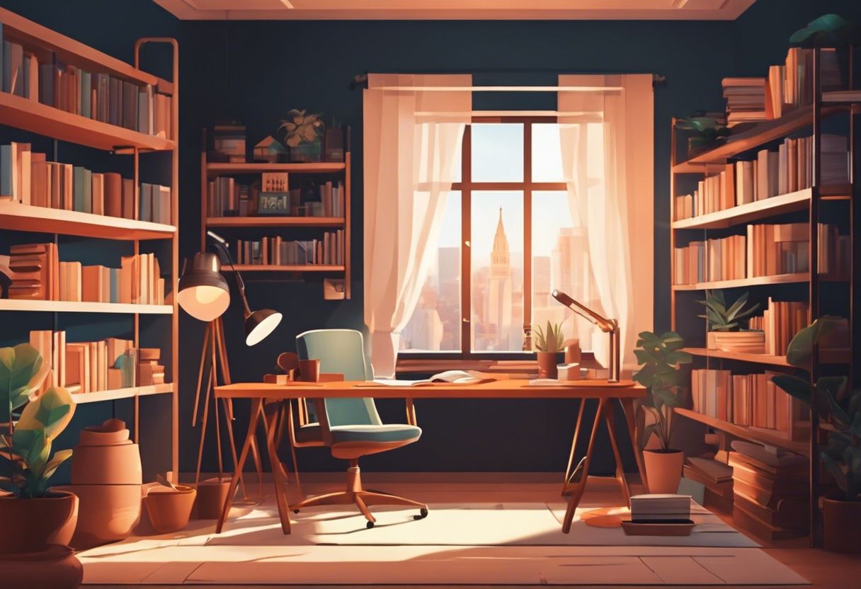 A person writing in a cozy home office surrounded by books and artistic decor, creating an inspiring atmosphere.