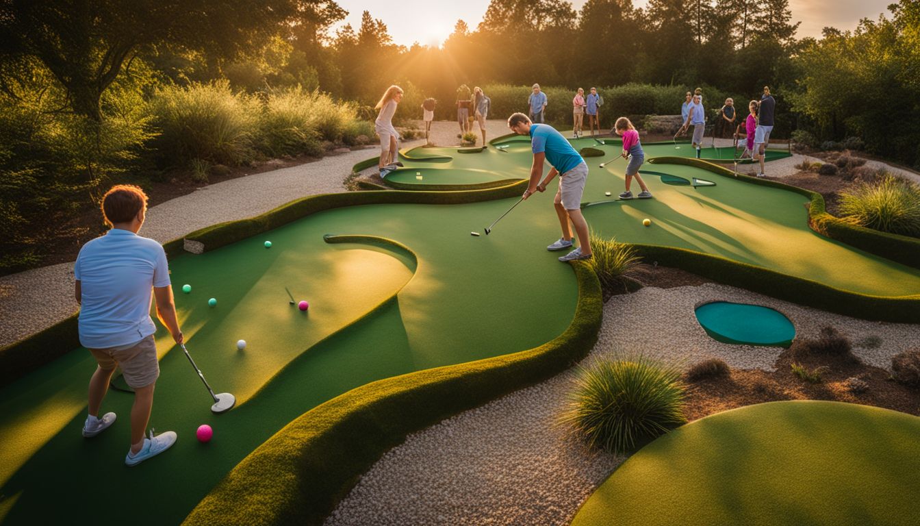 Families enjoying mini golf at sunset in a lush, bustling atmosphere.