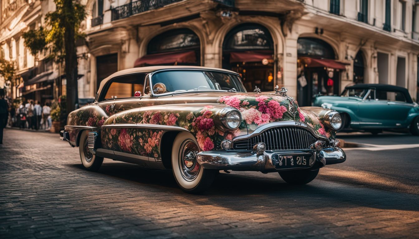 A vintage car with ornate decorations in a bustling city.