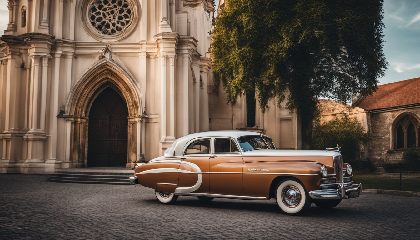 A vintage wedding car parked in front of a beautiful old church.